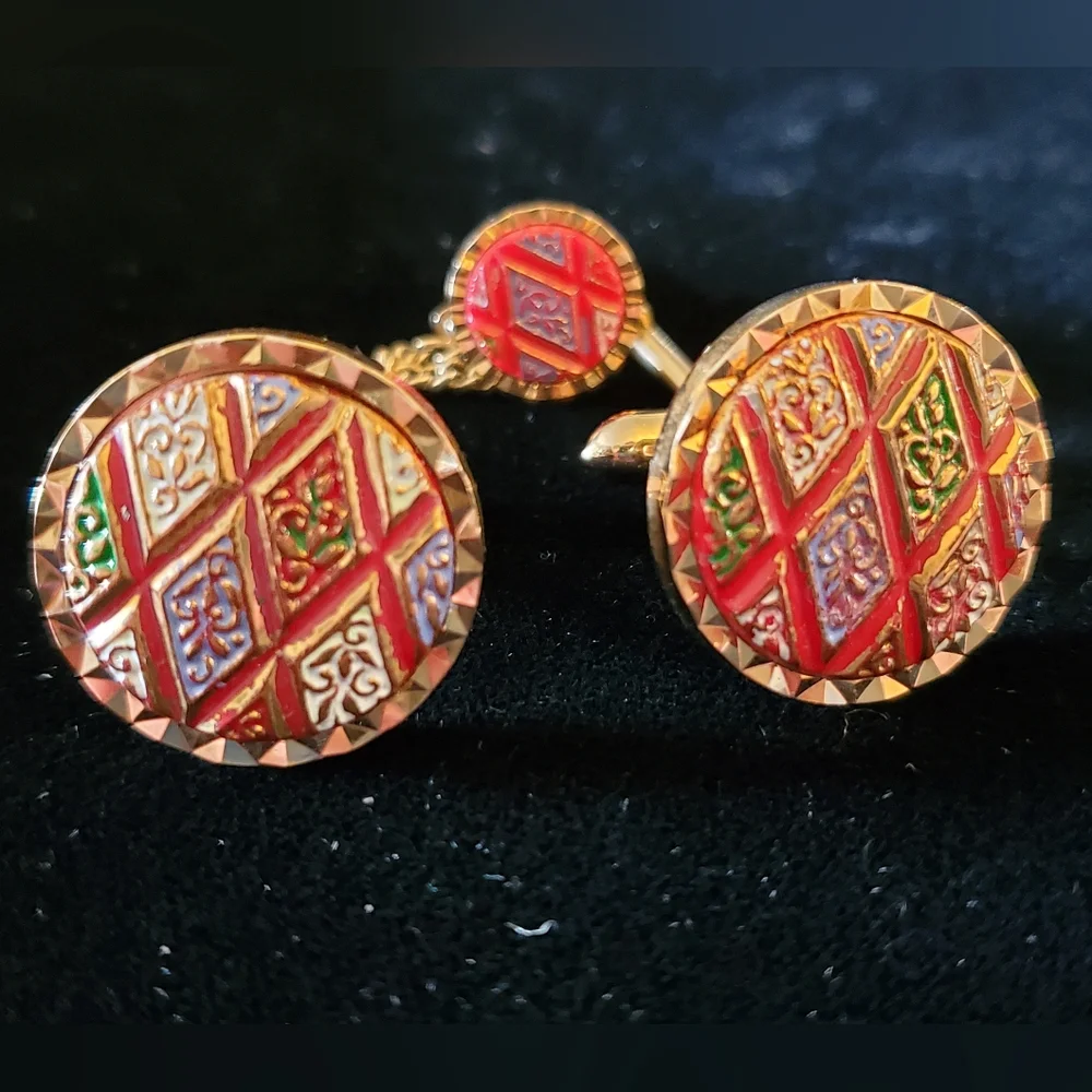 Red and Gold Harlequin Diamond Cufflinks Tie Tack Set 1950's 1960's Mid-century